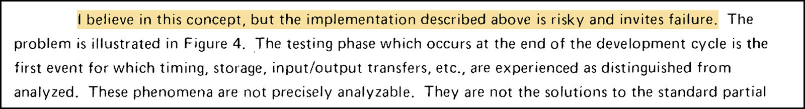 A highlighted quote that says "I believe in this concept, but the implementation described above is risky and invites failure."