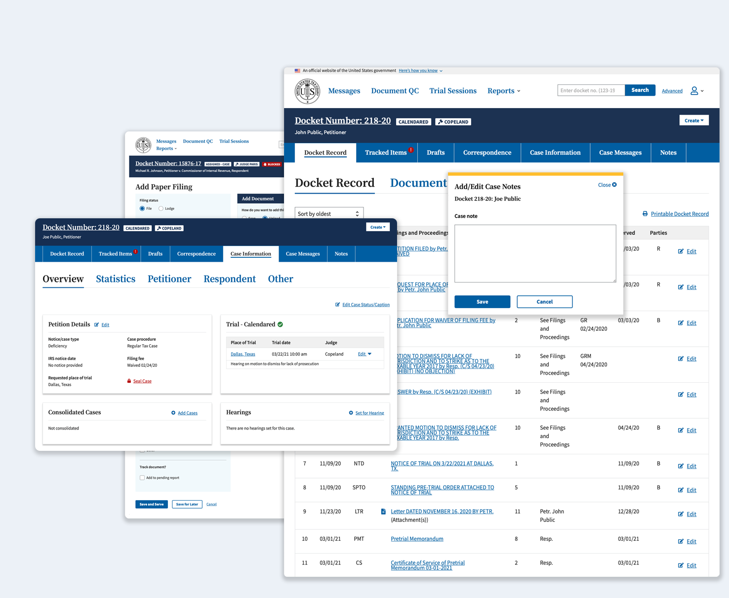 Screenshot of the US Tax Court's DAWSON case-management application"