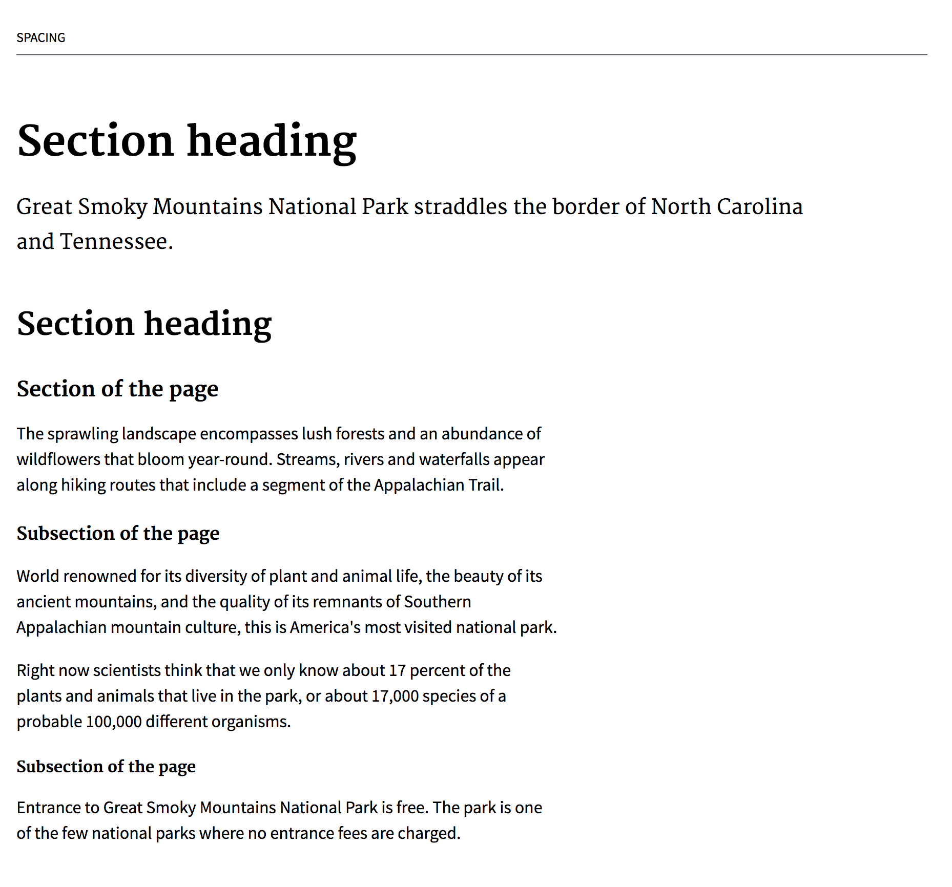 Image of spacing examples of section headings, sub-headings and body texts. 